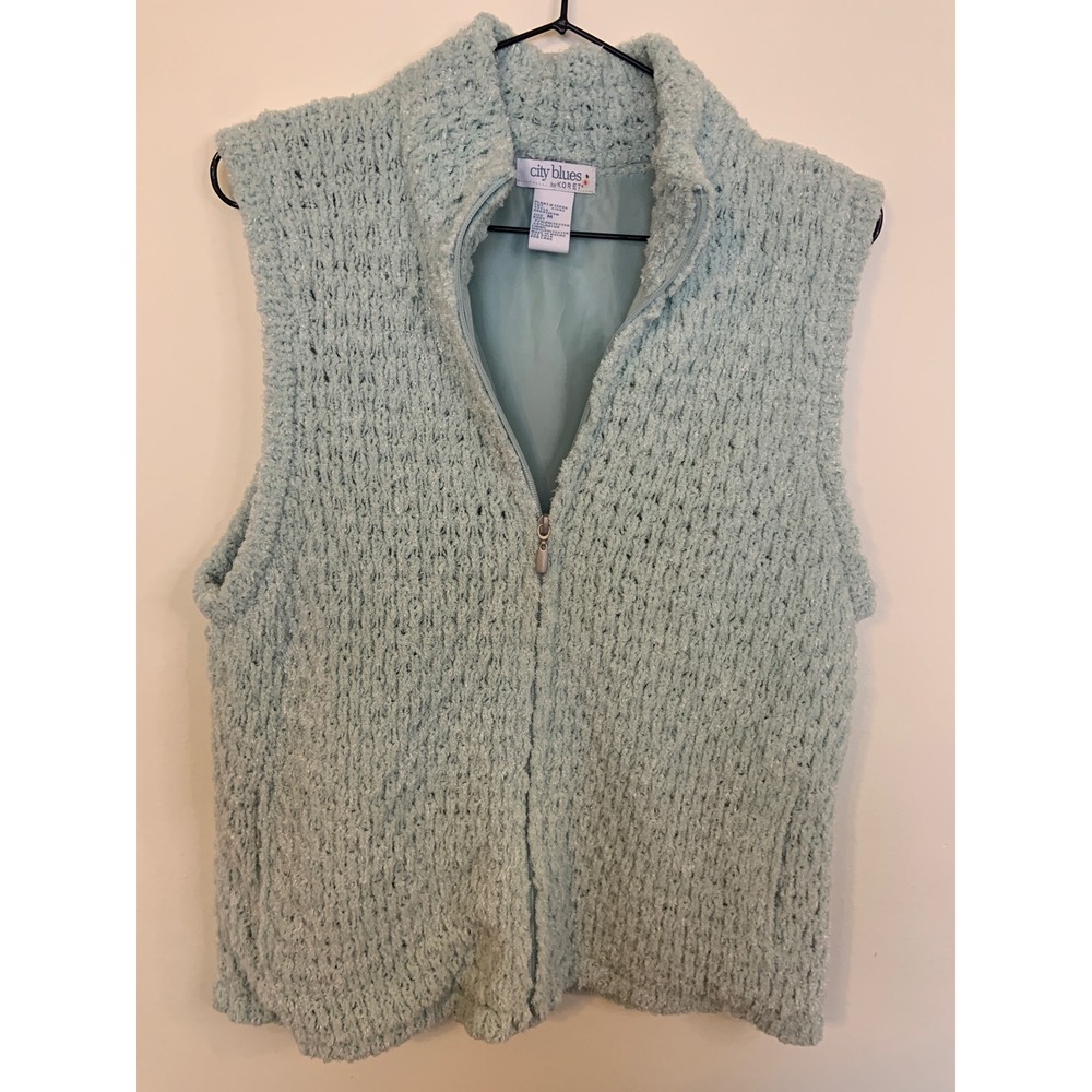 City Blues Full Zip Vest Women Medium Mint Green Excellent Popcorn Knit